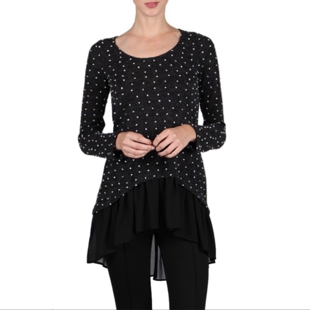 A’reve Sz L Charcoal Polka Dot Open Back Sweater